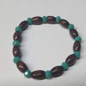Wooden Beaded Crystal Jewelry Stretch Bracelet Blue Brown